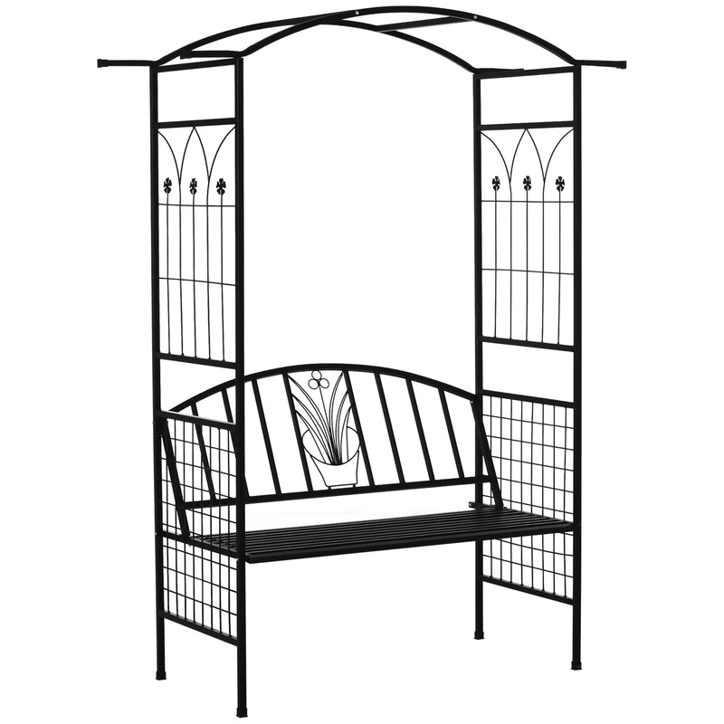 Garden Metal Arch Arbour with Bench Love Seat Chair Outdoor Patio Rose Trellis Pergola Climbing Plant Archway Tubular - 154L x 60W x 205Hcm