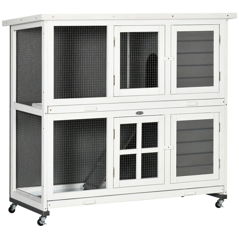 Wooden Rabbit Hutch with Wheels, Guinea Pig Cage, Small Animal House for Outdoor & Indoor with Slide-out Trays, 119 x 50.5 x 109cm, Grey