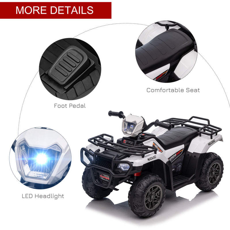 12V Kids Quad Bike with Forward Reverse Functions, Electric Ride On ATV with Music, LED Headlights, for Ages 3-5 Years - White