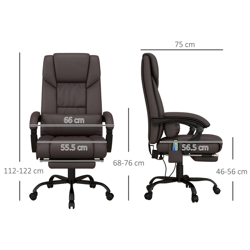6-Point PU Leather Massage Office Chair with Swivel Wheels, Reclining Chair Office with Footrest, Remote, Brown