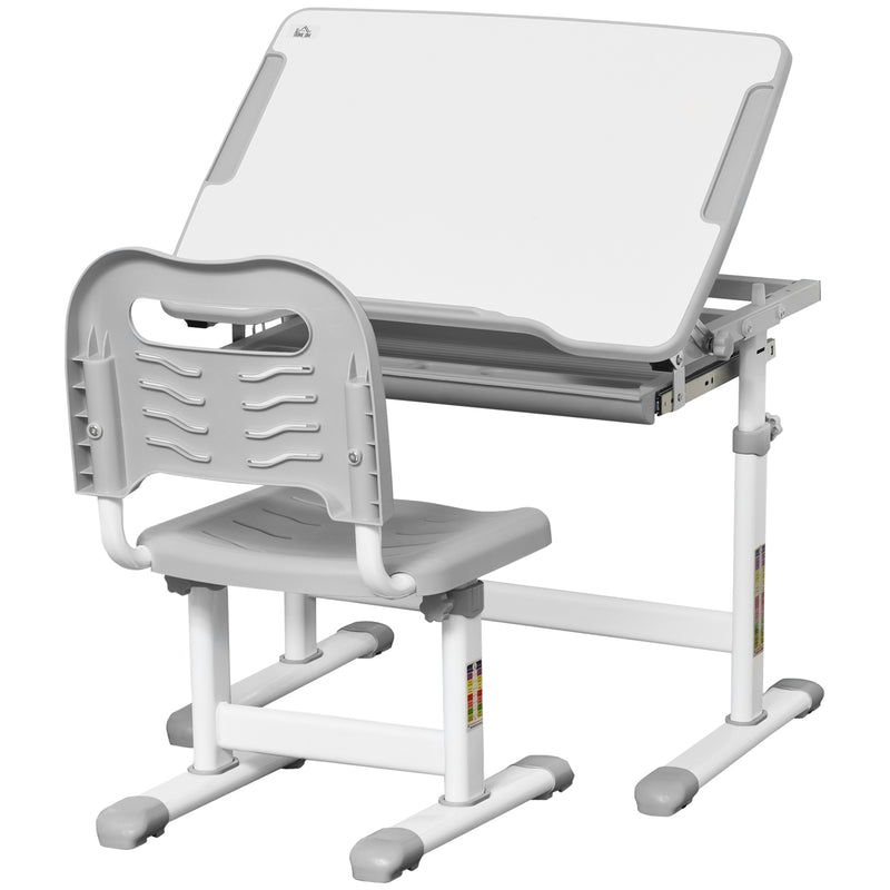 Kids Desk and Chair Set Height Adjustable Student Writing Desk Children School Study Table with Tiltable Desktop, Grey