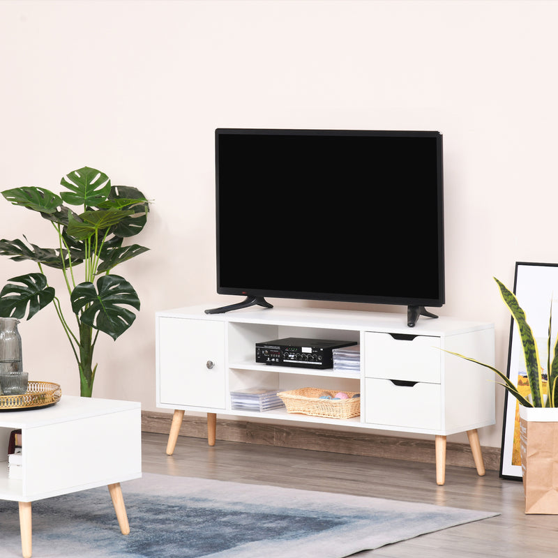 Modern TV Stand for TVs up to 42'' Flat Screen, TV Console Cabinet with Storage Shelf, Drawers, Cable Hole, Living Room and Office, White