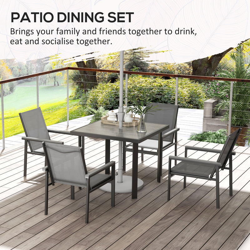 5 Pieces Garden Dining Set with Glass Top Dining Table, Outdoor Umbrella Hole Table and 4 Armchairs w/ Breathable Mesh Fabric Seats