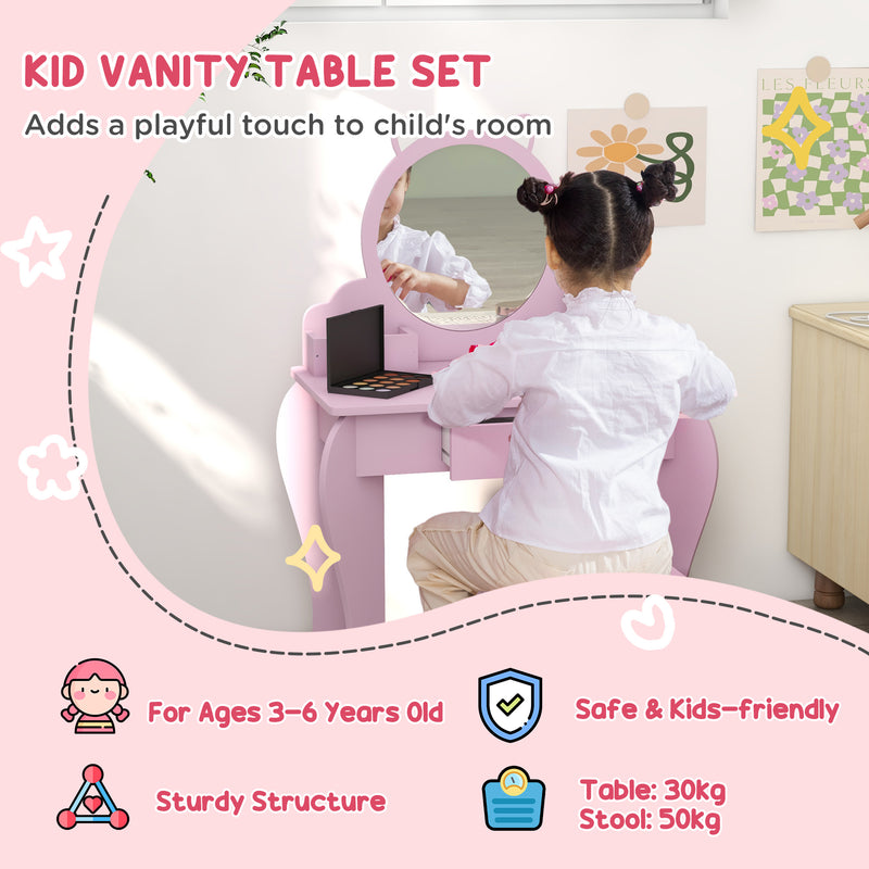Kids Vanity Table with Mirror and Stool, Cat Design, Drawer, Storage Boxes, for 3-6 Years Old - Pink