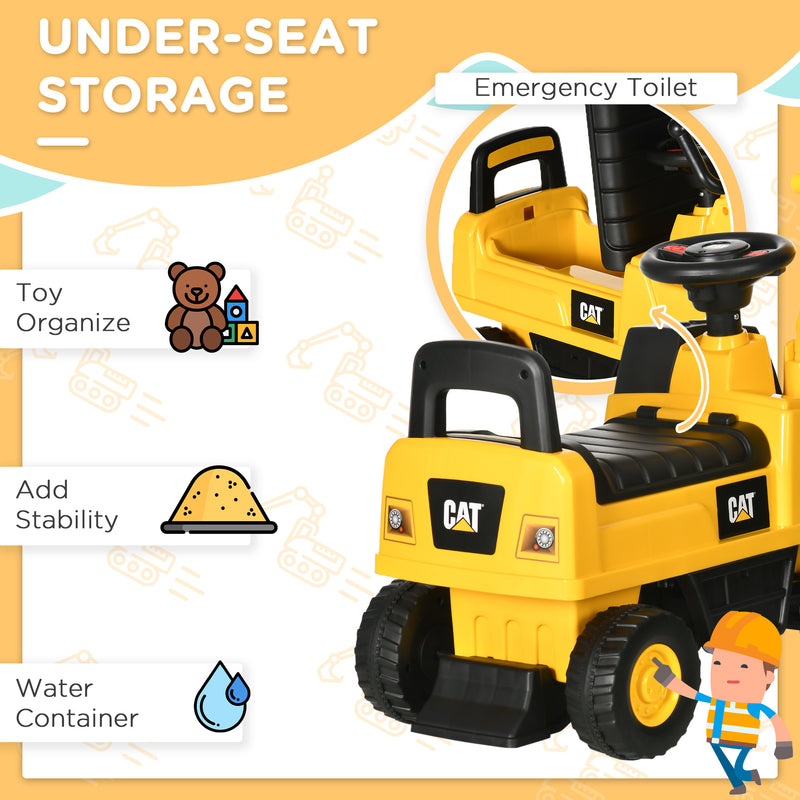 Licensed CAT Kids Ride on Digger Excavator with Manual Bucket, Toddler Pretend Construction Play Toy with Horn Under Seat Storage
