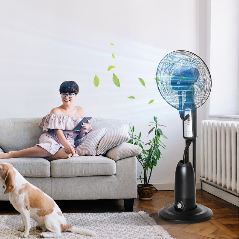 Pedestal Fan with Water Mist Spray, Humidifying Misting Fan, Standing Fan with 3 Speeds, 2.8L Water Tank, Timer and Remote, Black