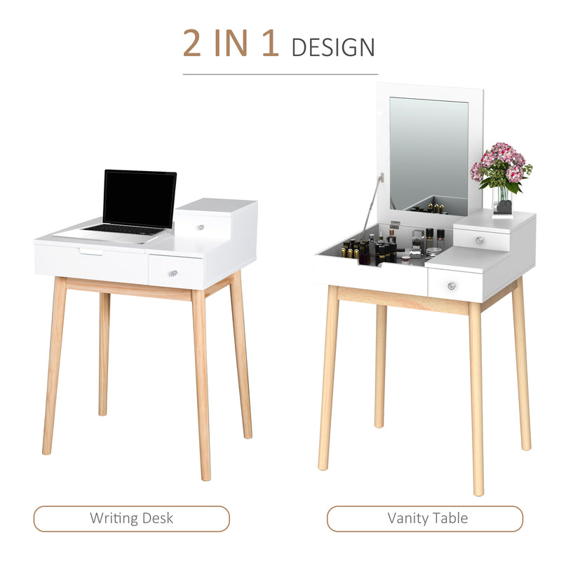 MDF,Pine Dressing Table Desk Flip-up Mirror Multi-purpose 2 Drawers Modern - White