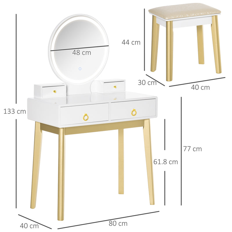 Dressing Table Set with Mirror, Built-in 3 Color LED Light, Vanity Makeup Table with 4 Drawers and Cushioned Stool for Bedroom, White