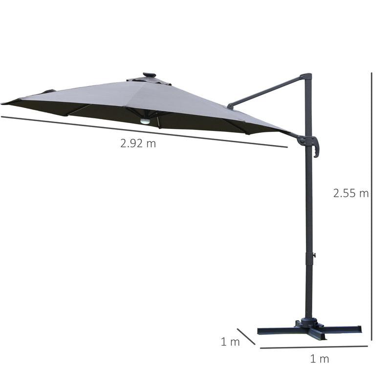 3(m) Cantilever Roma Parasol Garden Sun Umbrella Outdoor Patio with LED Solar Light Cross Base 360° Rotating, Grey