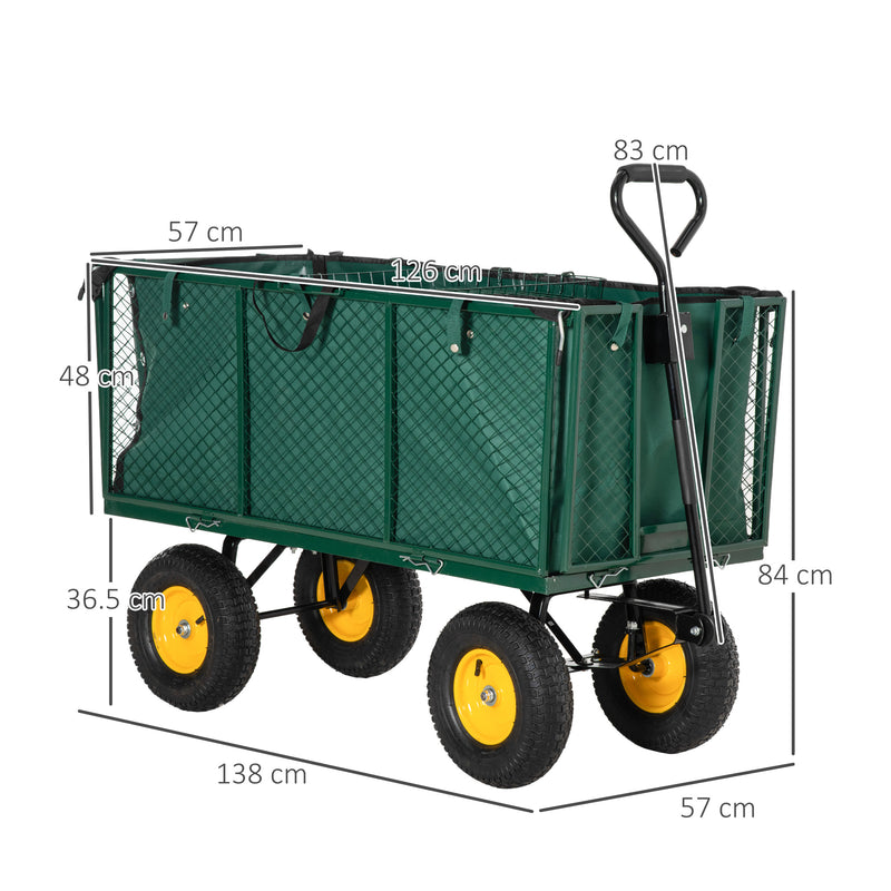 Large 4 Wheel Heavy Duty Garden Trolley Cart Wheelbarrow with Handle and Metal Frame - Green