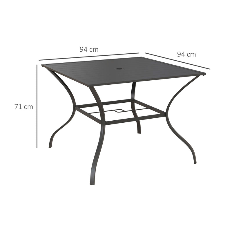 94 * 94 cm Garden Table with Parasol Hole, Outdoor Dining Garden Table for Four with Slatted Metal Plate Top, Dark Grey