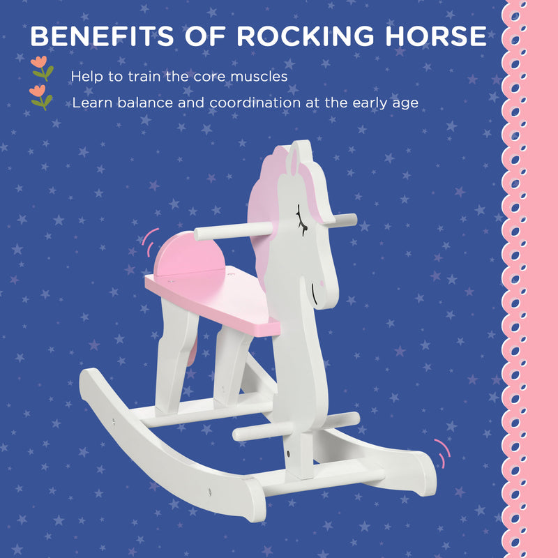 Kids Wooden Rocking Horse, Ride On Toy w/ Handlebar, Foot Pedal, Traditional Rocker Furniture for 1-3 Years, Pink