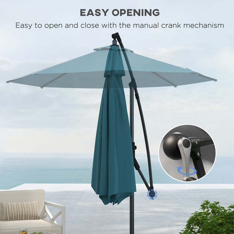 3(m) Cantilever Parasol with Cross Base, Banana Parasol with Crank Handle, Tilt and 8 Ribs, Round Hanging Patio Umbrella for Outdoor Pool, Garden, Balcony, Blue