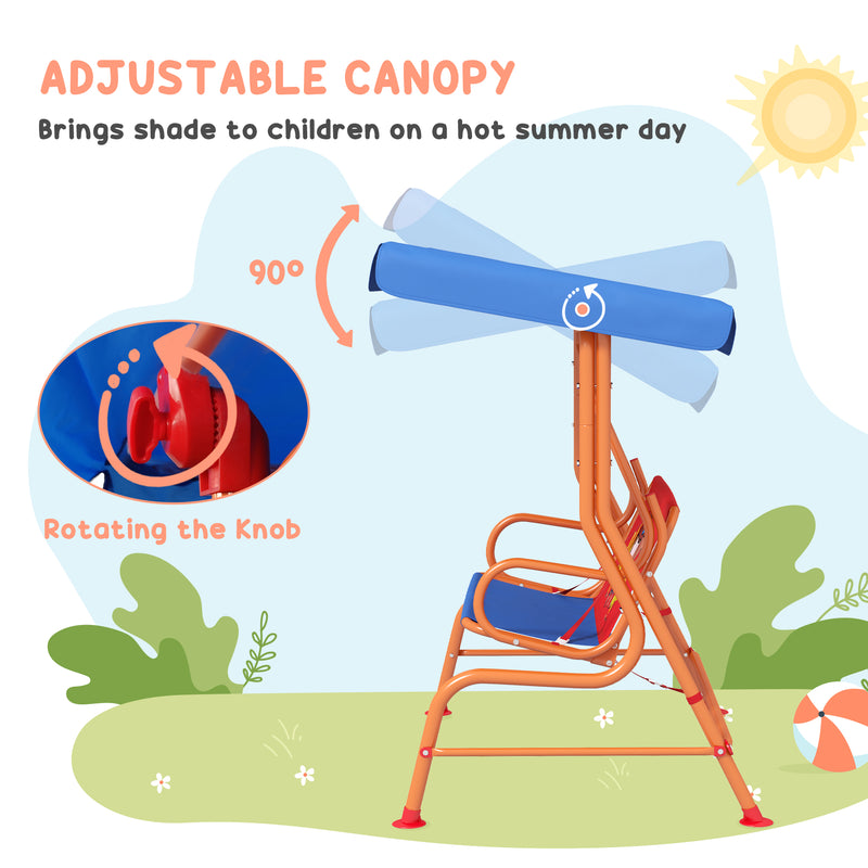 Two Seater Kids Garden Swing, Cowboy Themed kids Swing Chair with Adjustable Canopy, Safety Belts for Outdoor Use
