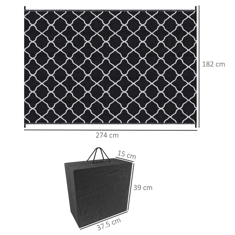 Reversible Outdoor Rug, Plastic Straw Mat w/ Carry Bag Ground Stakes for Garden RV Picnic Beach Camping 182x274cm Black