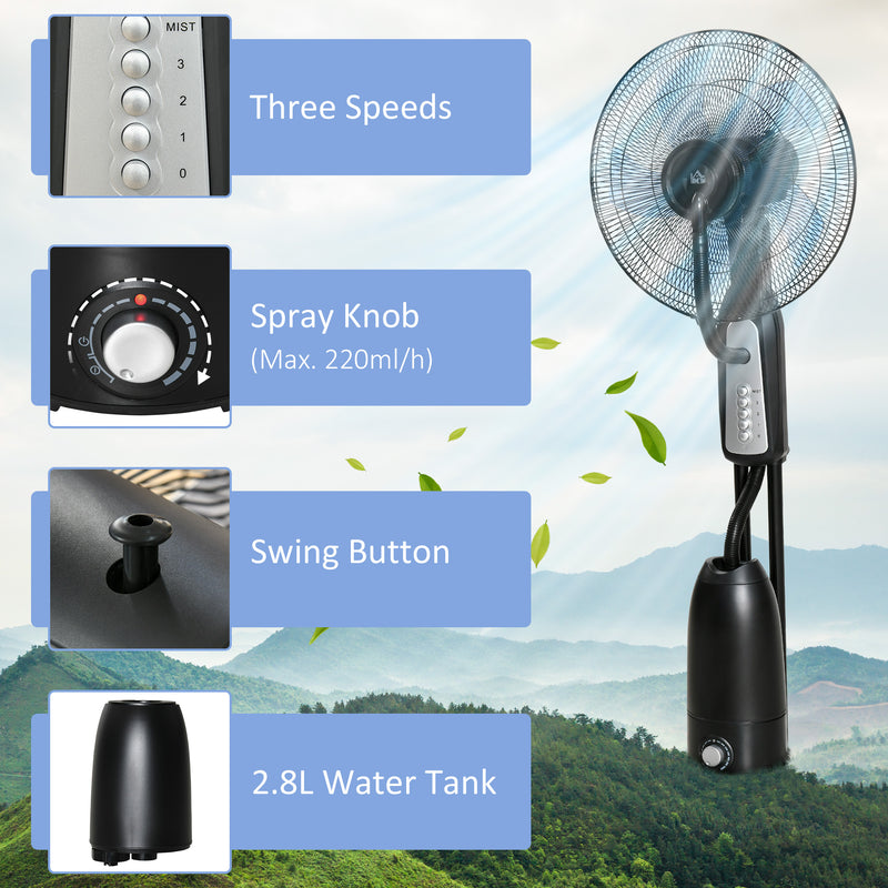 Pedestal Fan with Water Mist Spray, Standing Fan, Humidifying Misting Fan with 3 Speeds, 2.8L Water Tank, Black