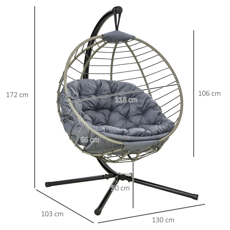 PE Rattan Swing Chair, Outdoor Hanging Chair with Metal Stand, Thick Padded Cushion, Foldable Basket and Cup Holder, for Indoor Outdoor Grey