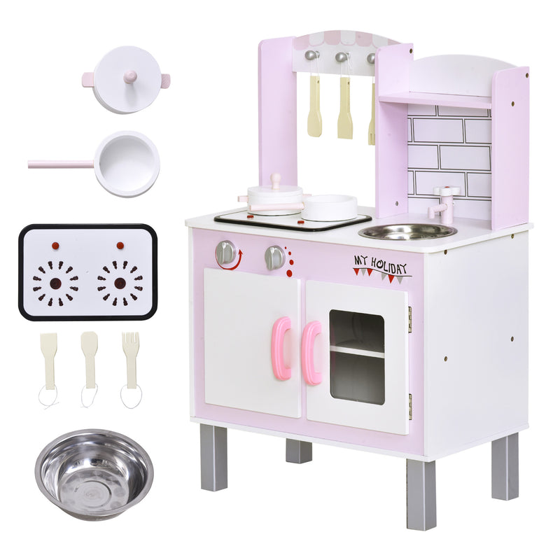 Kids Kitchen Play Set Wooden Pretend Play Toy w/ Sounds Utensils Pans Storage Child Role Play Accessories for 3 Years+ Pink