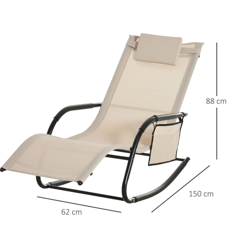 2Pcs Garden Rocking Chair, Patio Sun Lounger Rocker Chair w/ Breathable Mesh Fabric, Removable Headrest Pillow, Side Storage Bag, Cream White