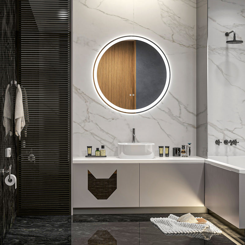 Round Bathroom Mirror with LED Lights, 3 Temperature Colours, Defogging Film, Aluminium Frame, Hardwired, 70 x 70 cm