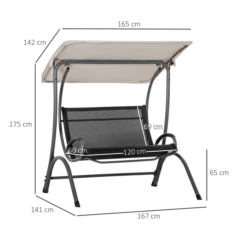 2 Seater Garden Swing Chair Outdoor Hammock Bench w/ Adjustable Tilting Canopy, Texteline Seats and Steel Frame, Beige
