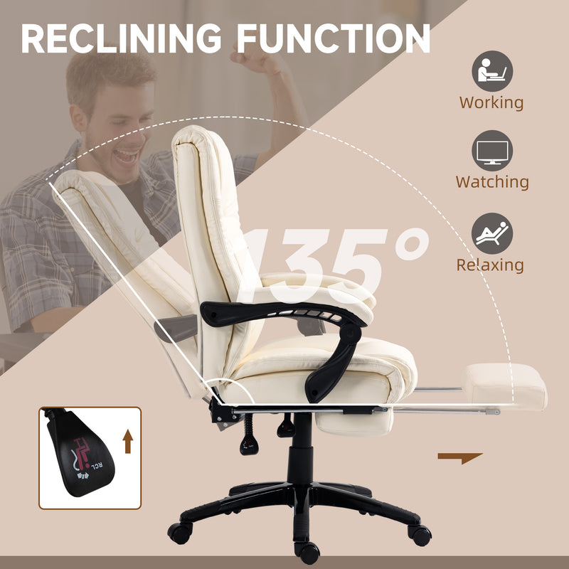 PU Leather Office Chair, Swivel Computer Chair with Footrest, Wheels, Adjustable Height, Cream White