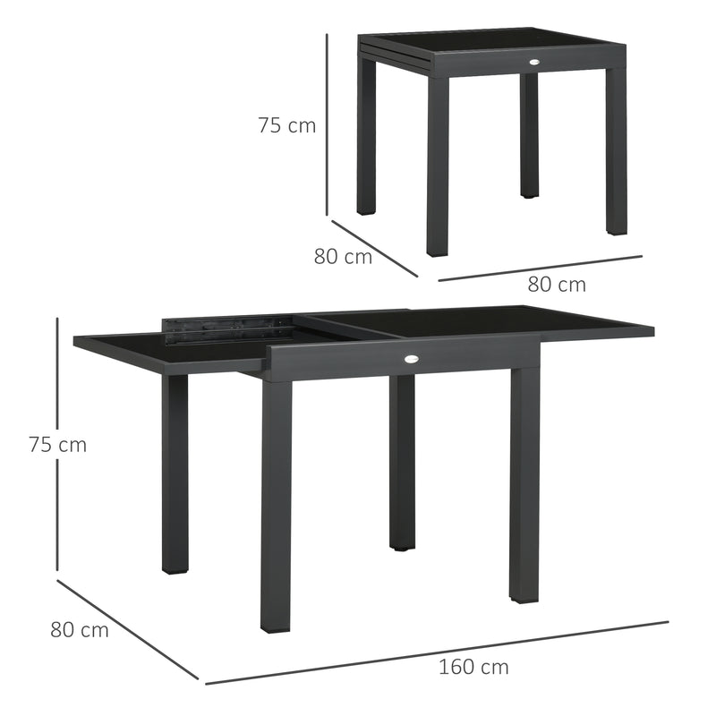 Extending Garden Table, Outdoor Dining Table with Aluminium Frame and Tempered Glass Tabletop, 80/160 x 80 x 75 cm, Black
