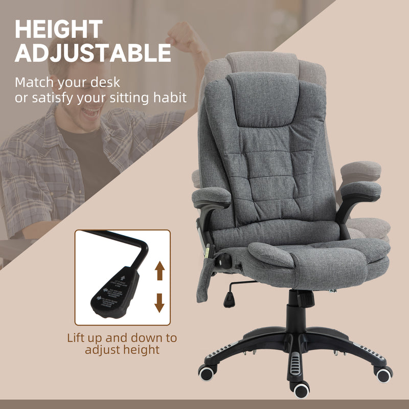 Massage Recliner Chair Heated Office Chair with Six Massage Points Linen-Feel Fabric 360° Swivel Wheels Grey