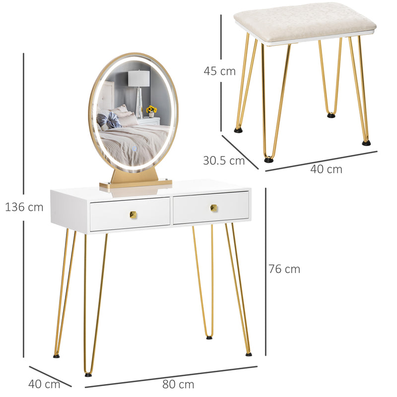Dressing Table Set with LED Light, Round Mirror, Vanity Makeup Table with 2 Drawers and Cushioned Stool for Bedroom, White