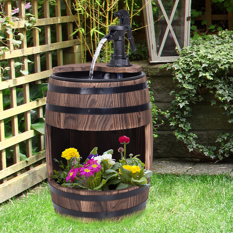 Wood Barrel Patio Water Fountain Electric Pump Garden Decorative Ornament with Flower Planter Decor