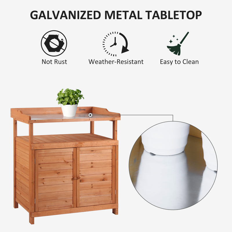 Multi-function Potting Bench Table w/ Storage Cabinet and Galvanized Table Top, Wooden Planting Workstation, 98cm x 47cm x 105cm