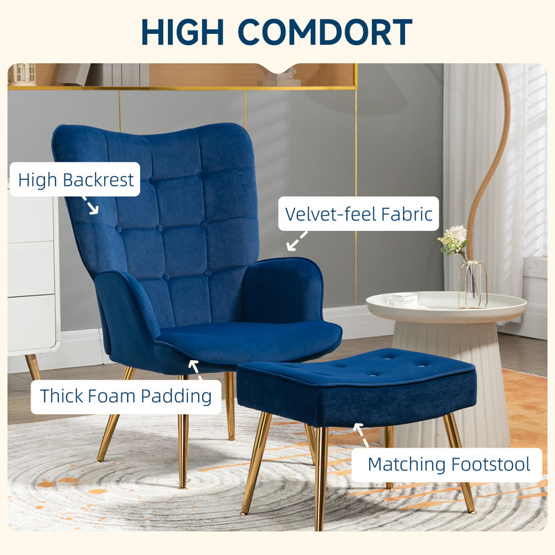 Upholstered Armchair w/ Footstool Set, Modern Button Tufted Accent Chair w/ Gold Tone Steel Legs, Wingback Chair, Dark Blue
