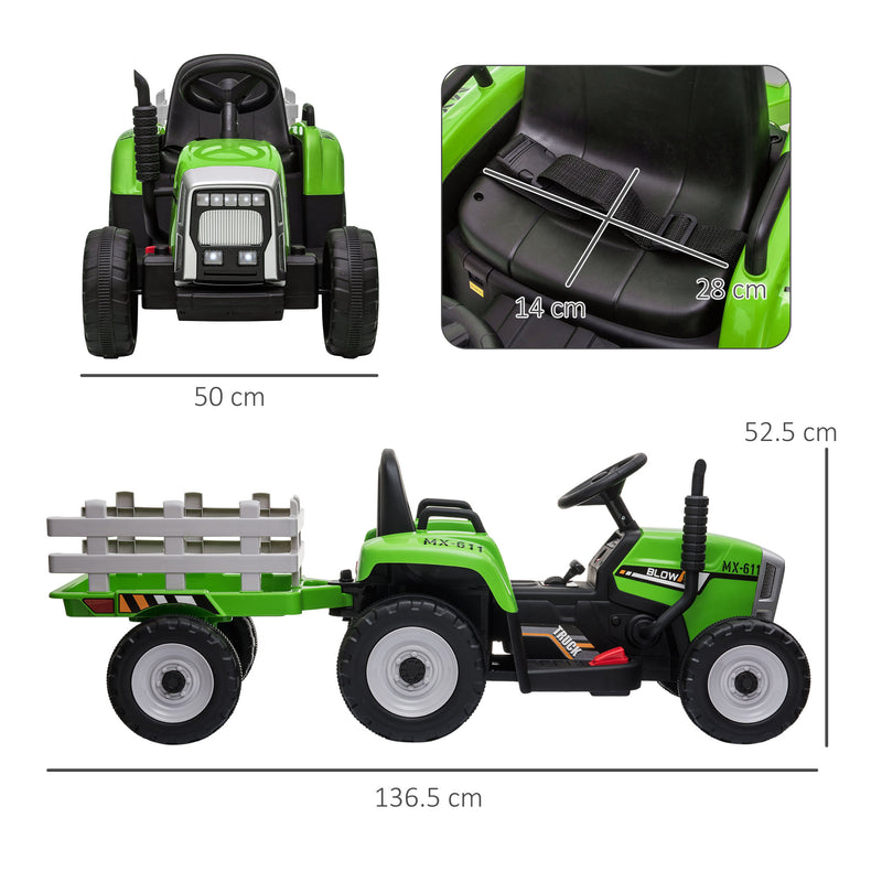 Electric Ride on Tractor w/ Detachable Trailer, 12V Kids Battery Powered Electric Car w/ Remote Control, Music for Kids Aged 3-6, Green
