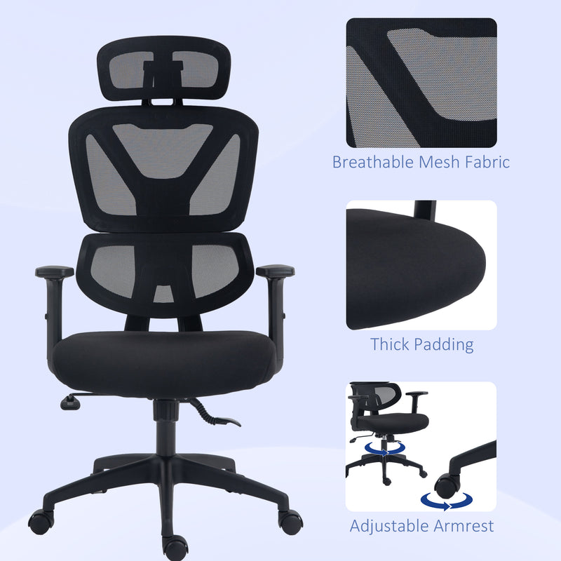 Mesh Office Chair, Height Adjustable Desk Chair with Lumbar Support, Swivel Wheels and Adjustable Headrest, Black