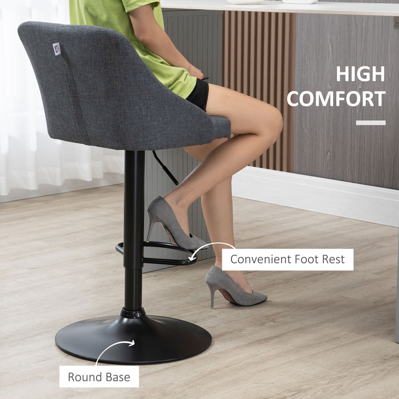 Modern Adjustable Bar Stools Set of 2, Swivel Fabric Barstools with Footrest, Armrests and Back, for Kitchen Counter and Dining Room, Dark Grey