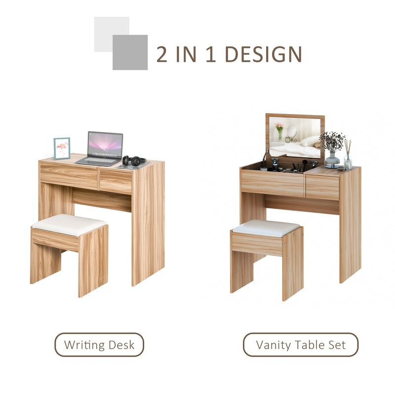 Chipboard Dressing Table Set Cushioned Stool Flip-up Mirror Drawer Wood Grain Colour