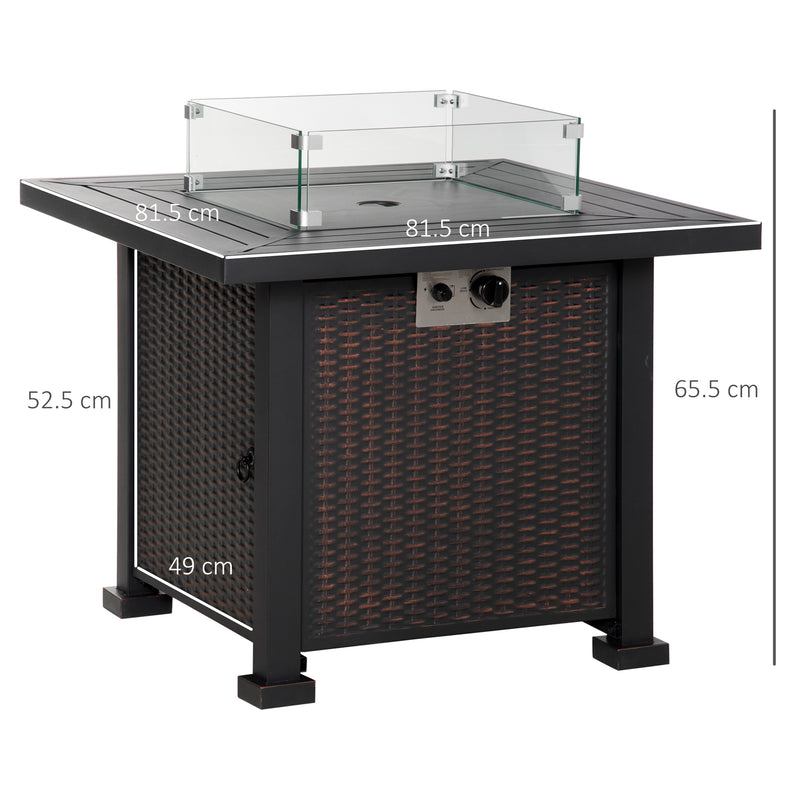 Square Propane Gas Fire Pit Table, 50000 BTU Rattan Smokeless Firepit Patio Heater w/ Glass Screen, Beads and Lid, 82cm x 82cm x 66cm, Black