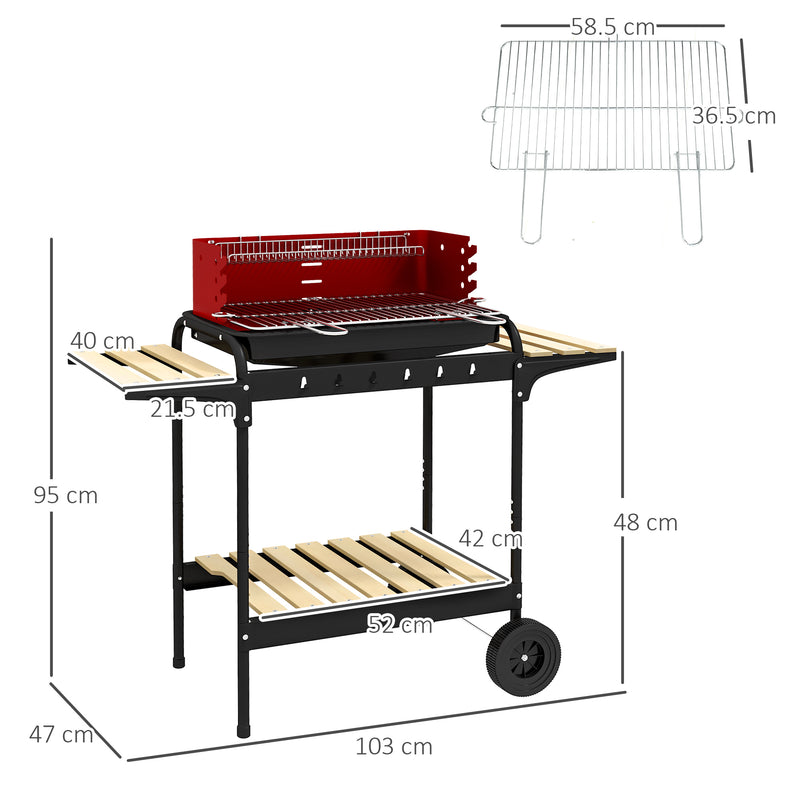 Outdoor 5-Level Grill Height Charcoal Barbecue Grill Trolley, Red