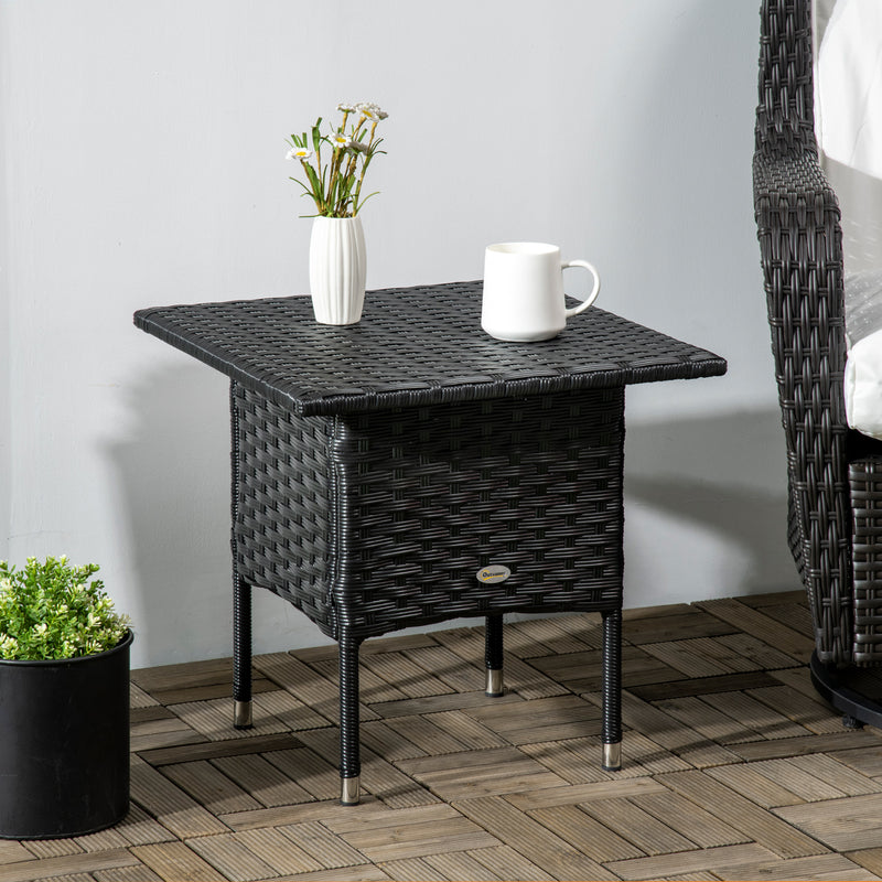 Rattan Side Table, Outdoor Coffee Table, with Plastic Board Under the Full Woven Table Top for Patio, Garden, Balcony, Black