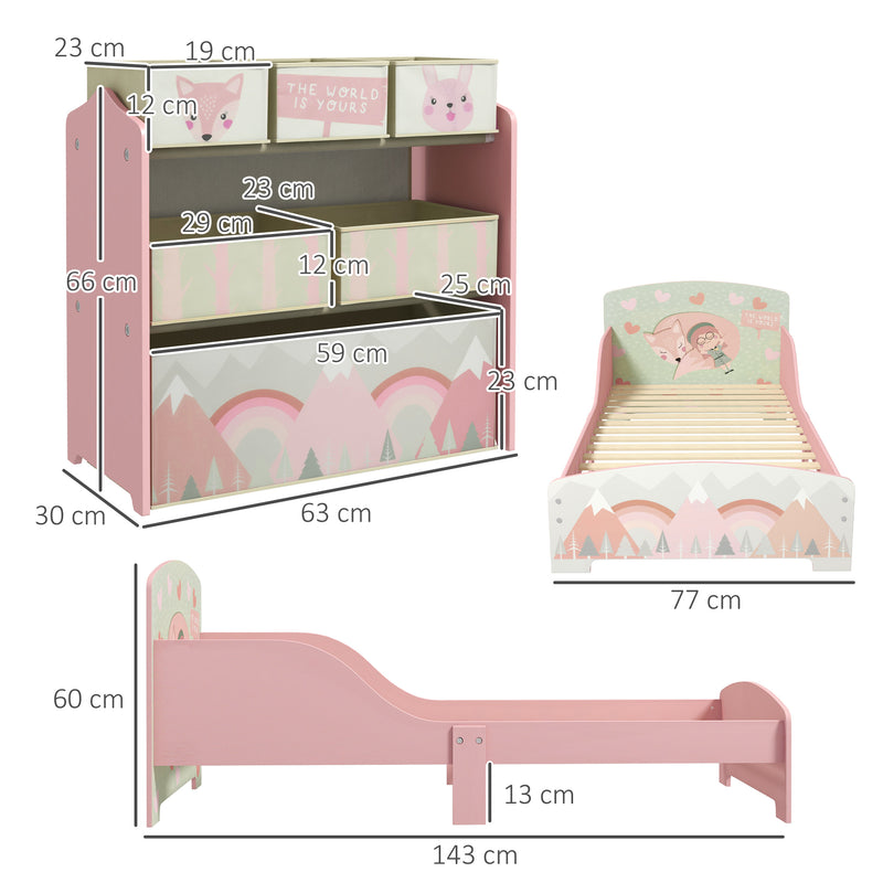 Toddler Bed Frame, Kids Storage Shelf Unit with 6 Fabric Bins for Ages 3-6 Years, Pink