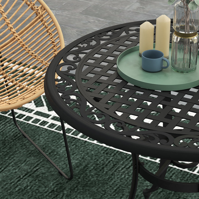 Round Garden Table with Parasol Hole, 90cm Cast Aluminium Outdoor Dining Table for 2-4 for Balcony - Black