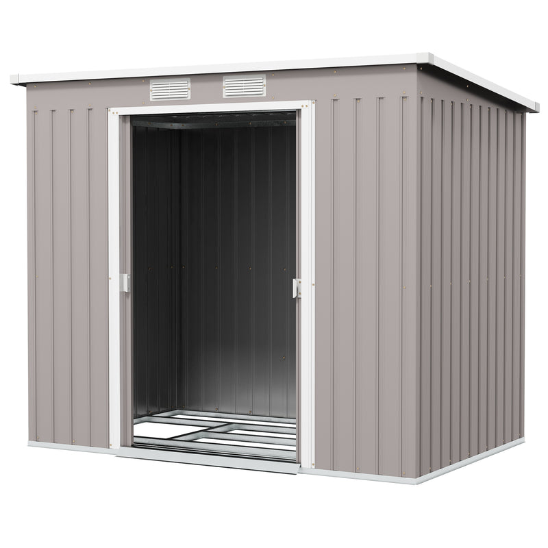 Outdoor Garden Metal Equipment Tool Storage Shed w/ Foundation, Double Door, Vents and Sloped Roof, Grey