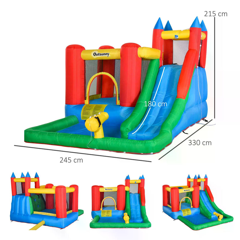 Kids Inflatable Bouncy Castle Water Slide 6 in 1 Bounce House Jumping Castle Water Pool Gun Climbing Wall Basket for Summer Playland