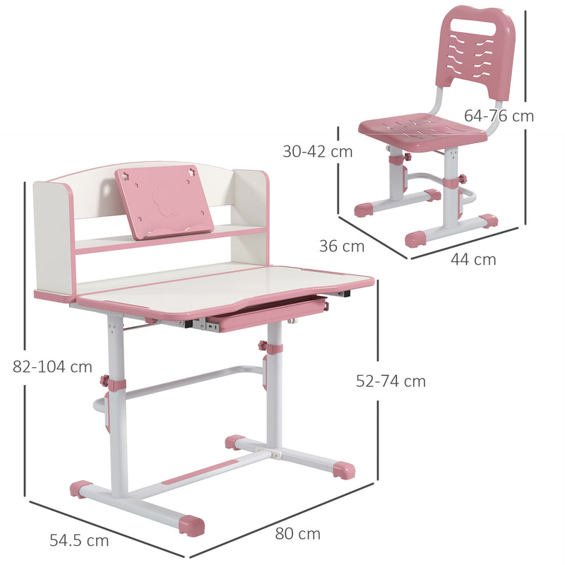 Height Adjustable Kids Study Table and Chair Set, with Drawer, Storage Shelf, 80 x 54.5 x 104 cm, Pink