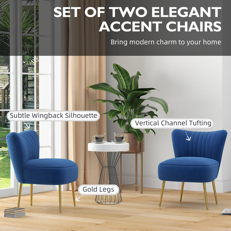 Set of 2 Accent Chairs, Upholstered Living Room Chairs with Gold Tone Steel Legs, Wingback Armless Chairs, Dark Blue