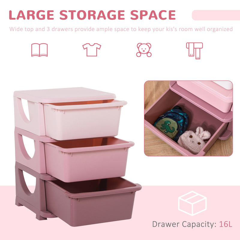Kids Storage Units with Drawers 3 Tier Chest Vertical Dresser Tower Toy Organizer for Nursery Playroom Kindergarten Pink