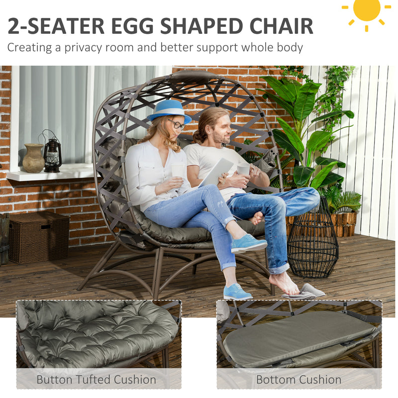 2 Seater Egg Chair Outdoor, Folding Weave Garden Furniture Chair with Cushion, Cup Pockets - Sand Brown