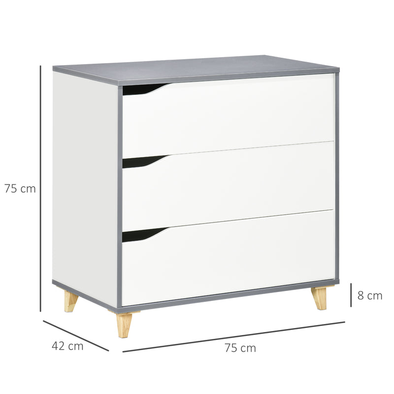 Drawer Chest, 3-Drawer Storage Cabinet Unit with Pine Wood Legs for Bedroom, Living Room, 75cmx42cmx75cm, White