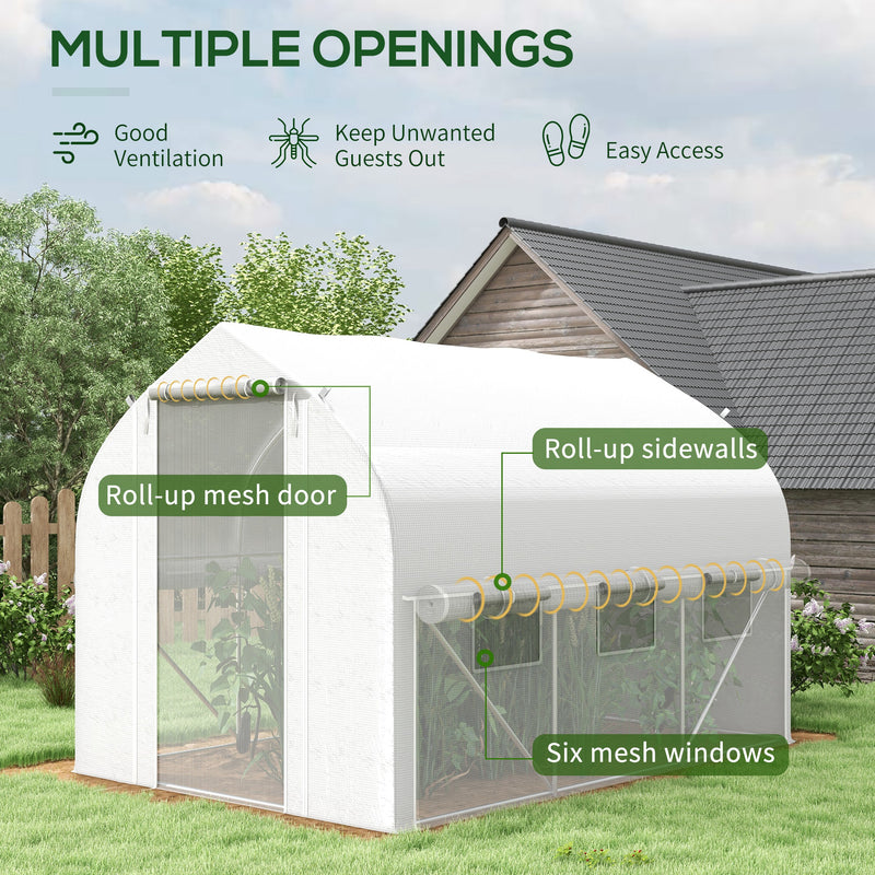 3 x 2m Walk-in Polytunnel Greenhouse, Zipped Roll Up Sidewalls, Mesh Door, Mesh Windows, Tunnel Warm House Tent w/ PE Cover, White
