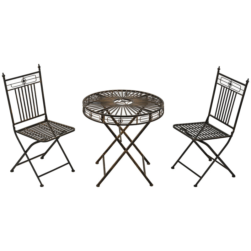 3 Piece Garden Outdoor Bistro Set with 2 Folding Chairs and 1 Folding Round Table, Metal Frame for Lawn, Backyard and Porch, Bronze